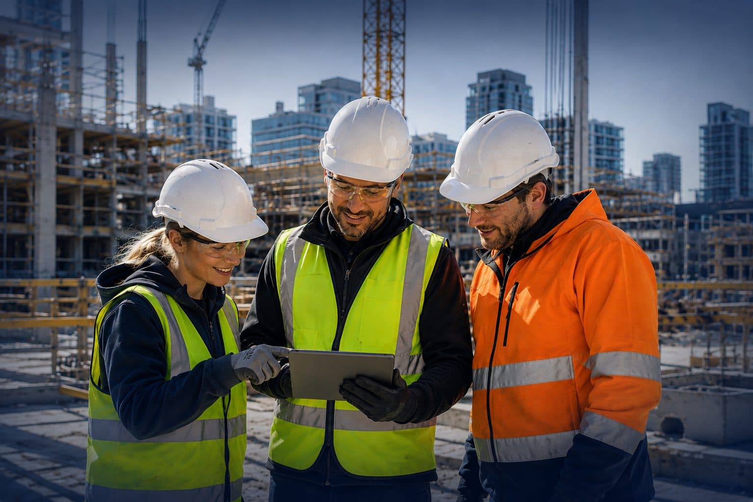 Three workers in hard hats and hi-vis look at a tablet together on a high-rise building site