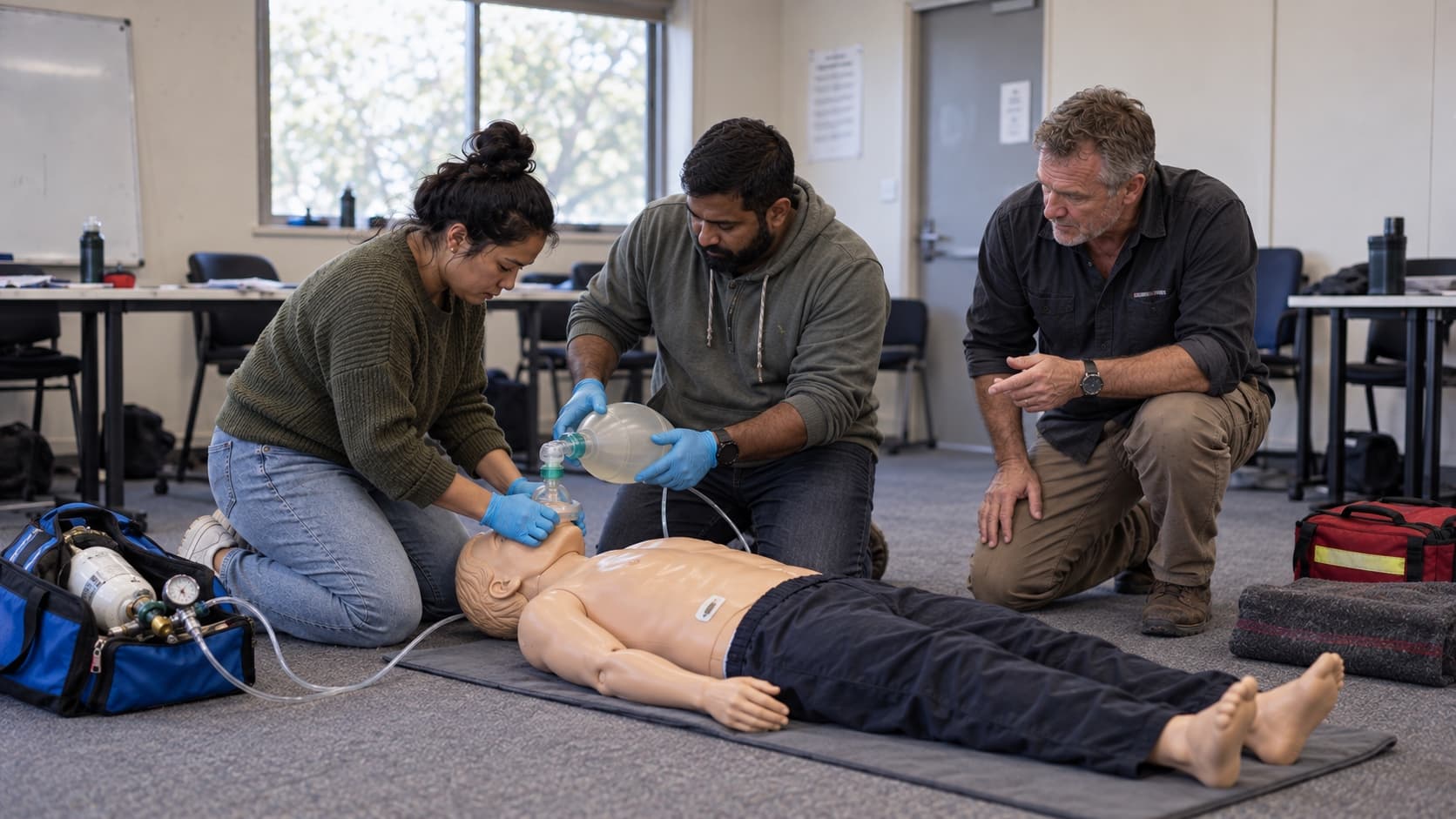 Two learners secure a training manikin to a stretcher while an instructor supervises