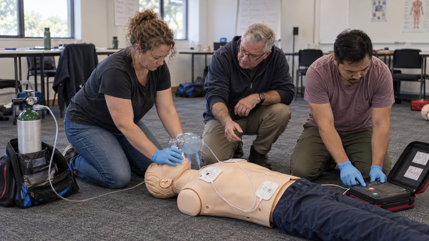 Two lifeguards resuscitate a man beside a pool, one giving chest compressions while the other holds a bag-valve mask on oxygen