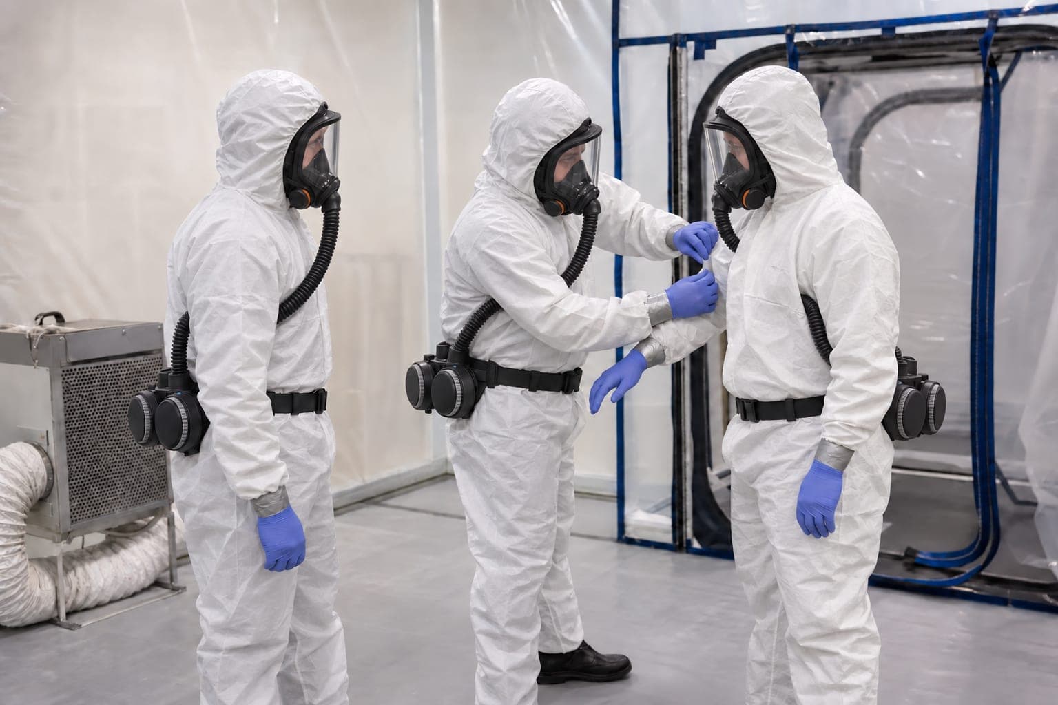 Workers in full protective equipment and powered respirators check a coverall seal inside an asbestos containment area