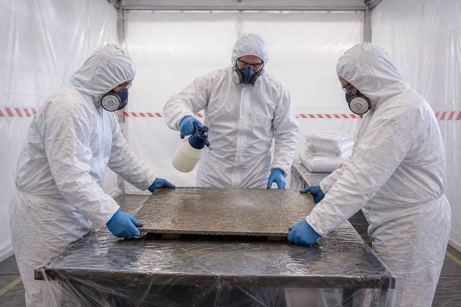 Workers wet and support an intact bonded-asbestos sheet inside a controlled removal area