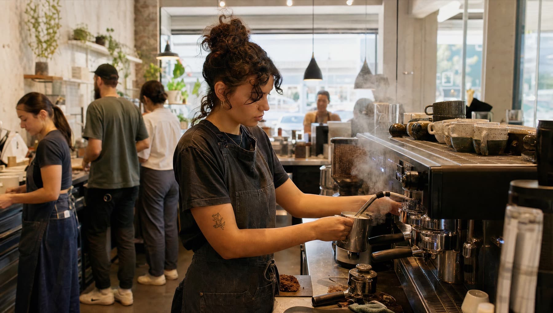 A barista steaming a jug of milk at a commercial espresso machine in a busy cafe