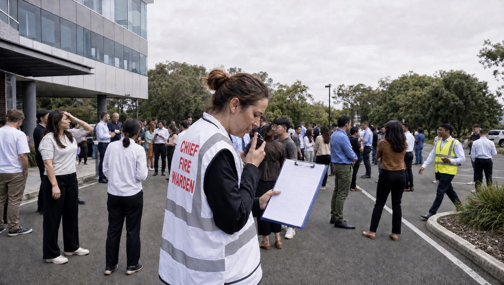 A chief fire warden in a white warden vest holding a roll-call clipboard and speaking into a two-way radio at an outdoor assembly point