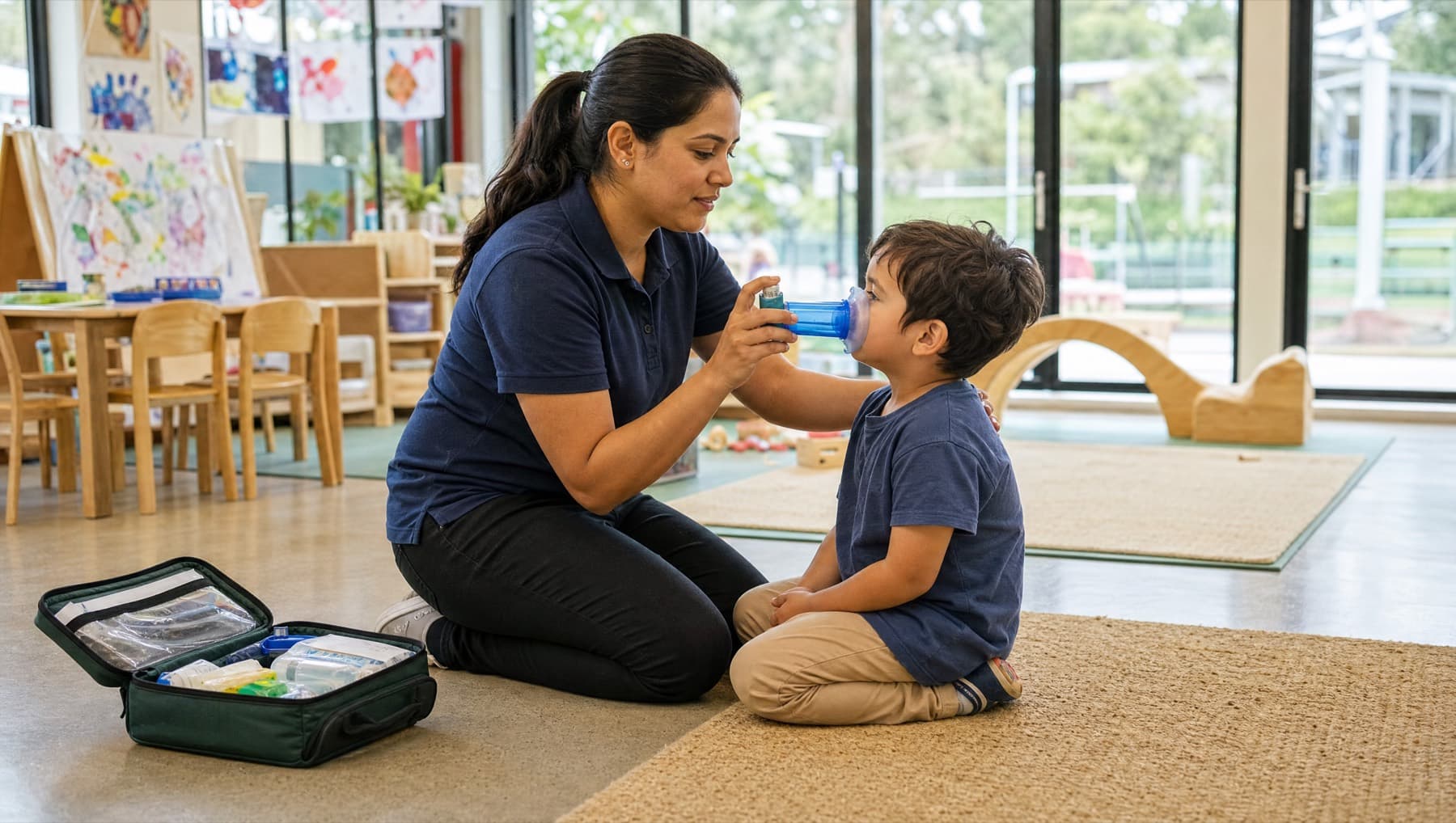 An early childhood educator kneeling to give a young child asthma medication through a spacer