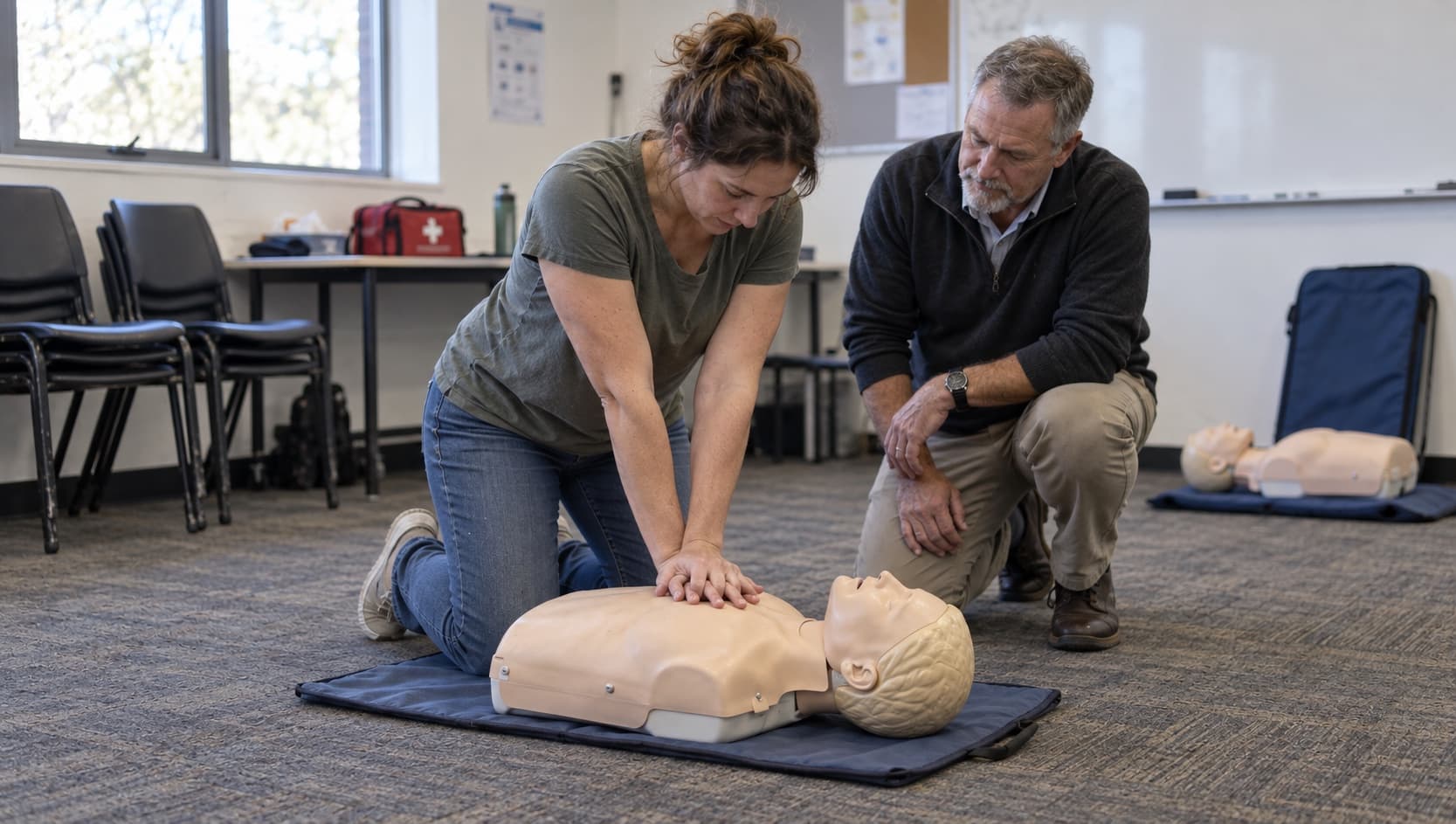 A worker kneeling on a warehouse floor giving chest compressions while a colleague calls an ambulance