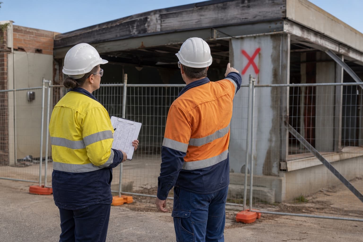 Two workers identify a hazard from outside the secured boundary of an inactive demolition site