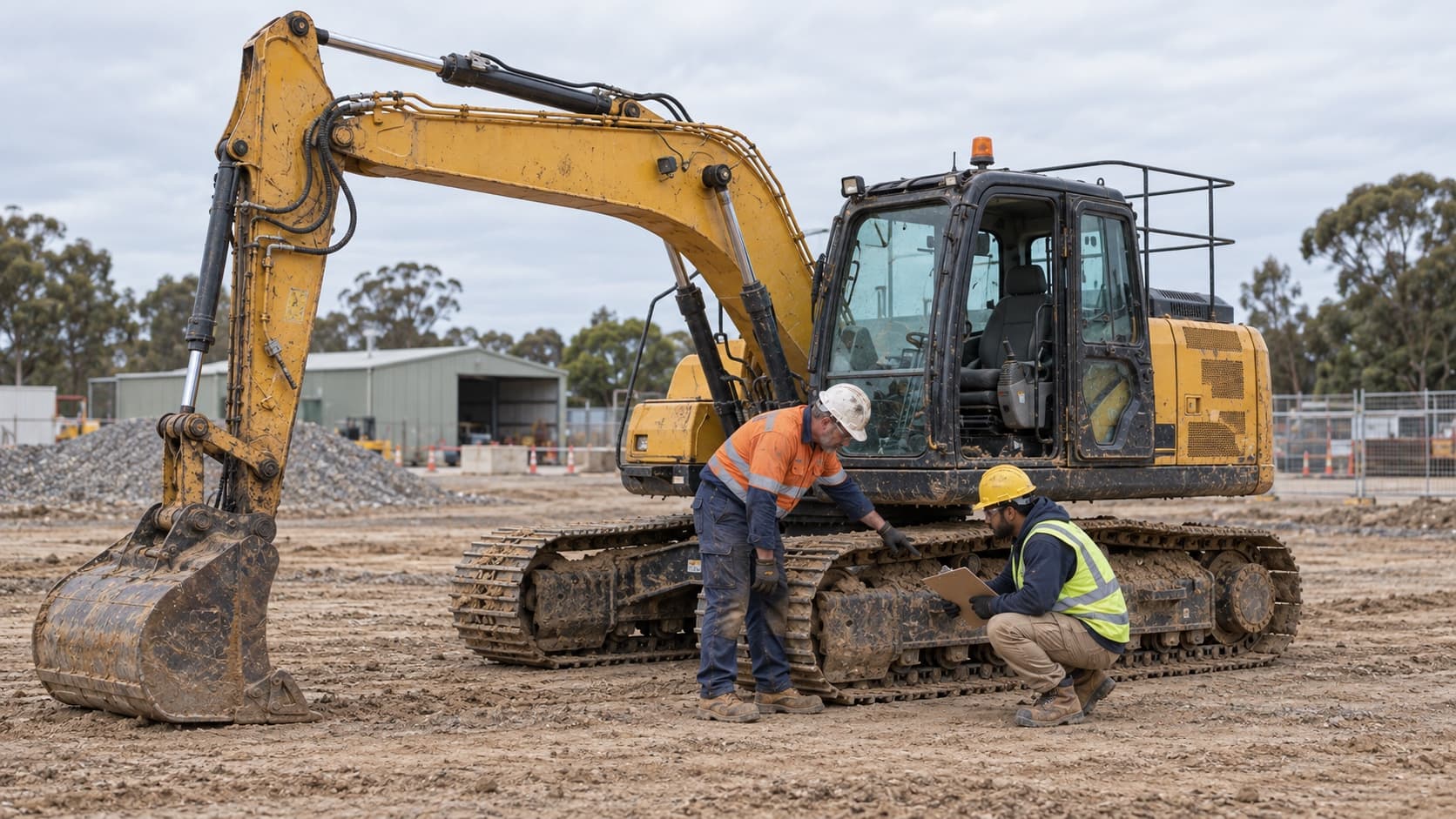 An operator runs a tracked excavator on a graded dirt site while a second worker in hi-vis directs from the ground beside the machine