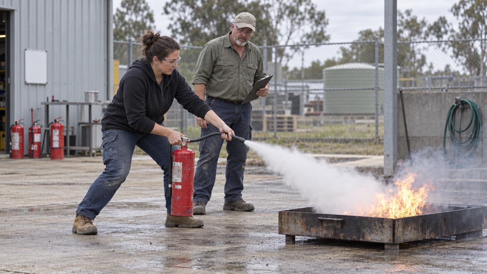 A trainer shows a participant how to inspect a fire extinguisher before use