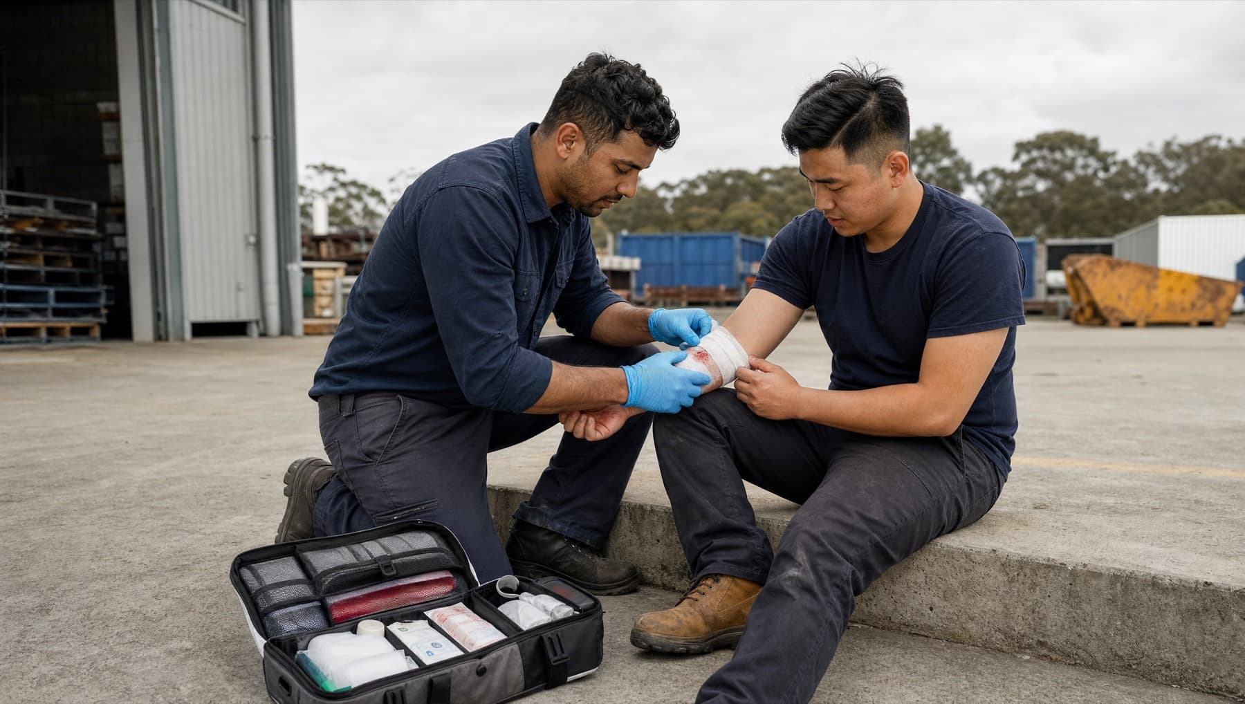 A worker in gloves bandages a co-worker's injured forearm in a depot yard, an open first aid kit beside them