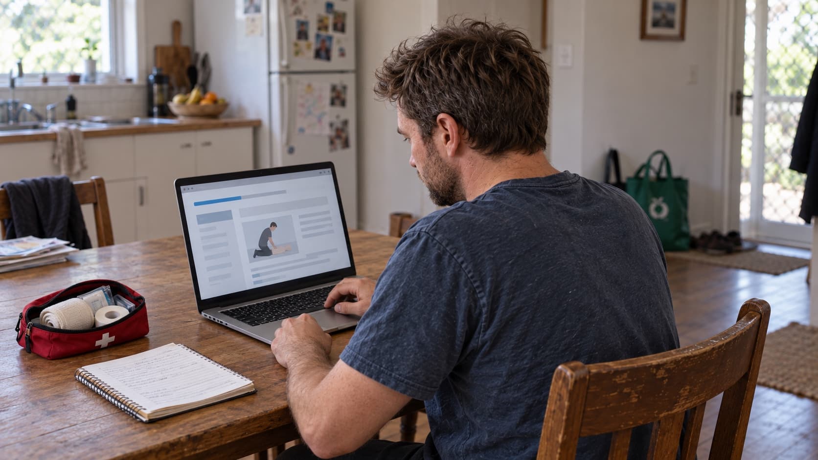 A man at his laptop at home holding a rolled bandage from an open red first aid kit