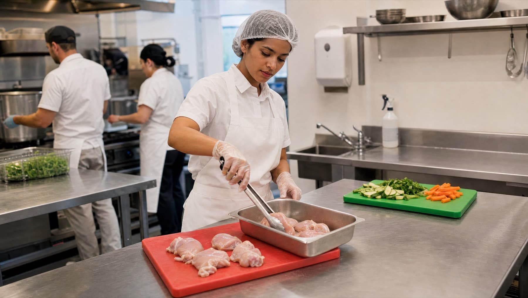 A food handler in an apron, hairnet and gloves handling raw chicken on a red board, cut vegetables separate on a green board