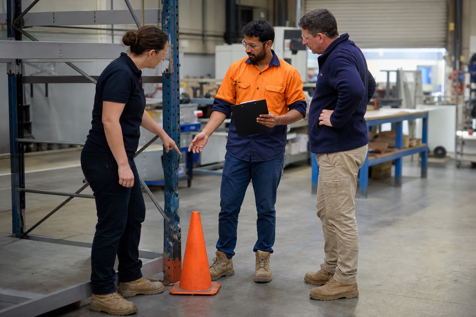 A health and safety representative consults with coworkers beside a damaged warehouse rack that has been isolated