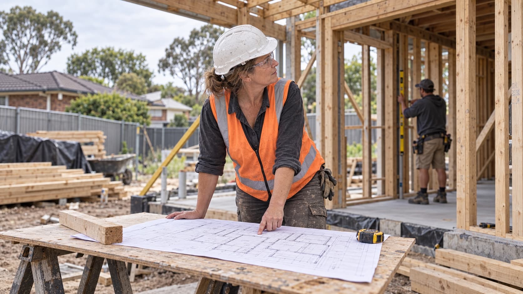 An owner-builder reviews residential construction plans at a framed home site.
