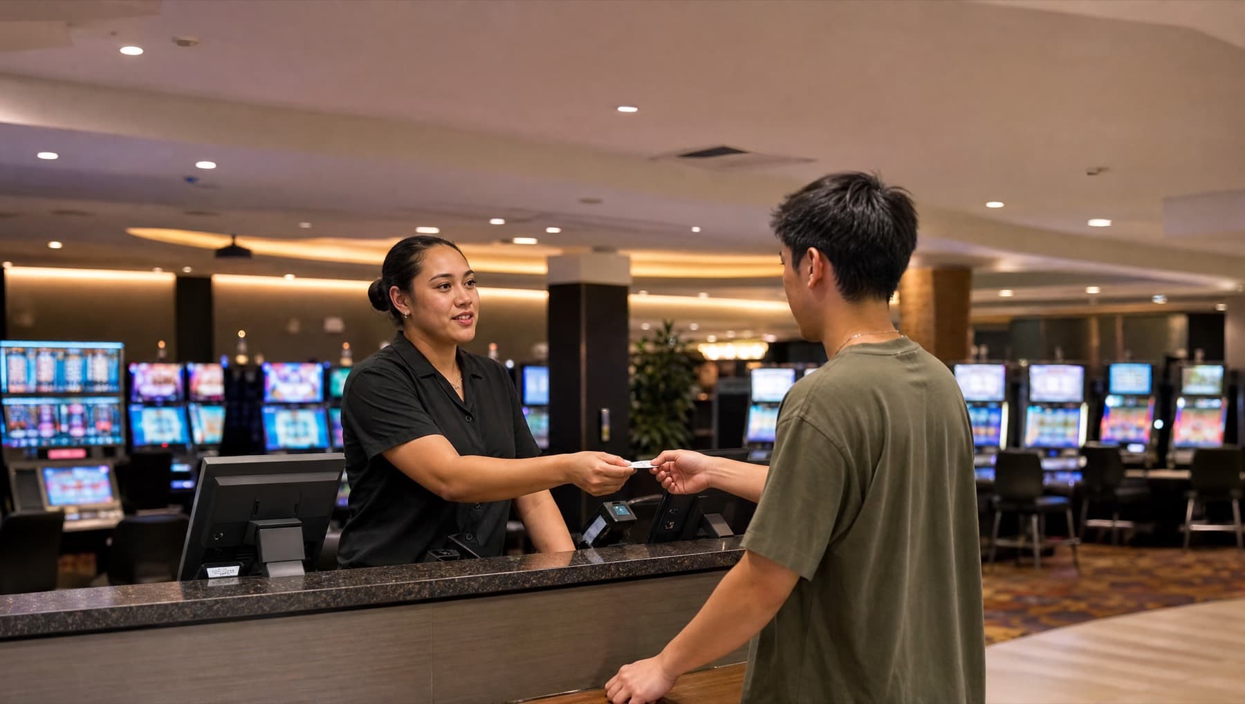 A gaming attendant serving a patron at the counter of a club gaming room