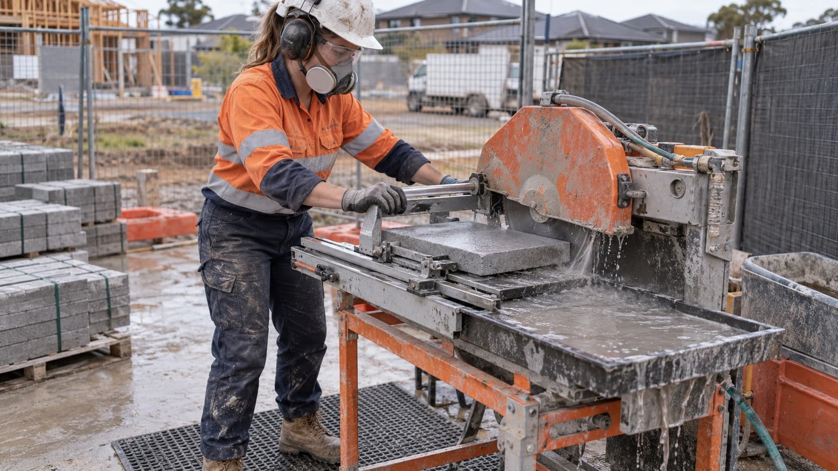 Construction worker using a wet masonry saw to cut a concrete paver and control silica dust.