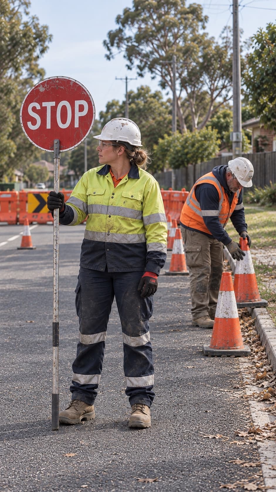 A traffic controller in hi-vis holds a stop-slow bat at the stop face on a closed road, with a second worker watching from behind water-filled barriers