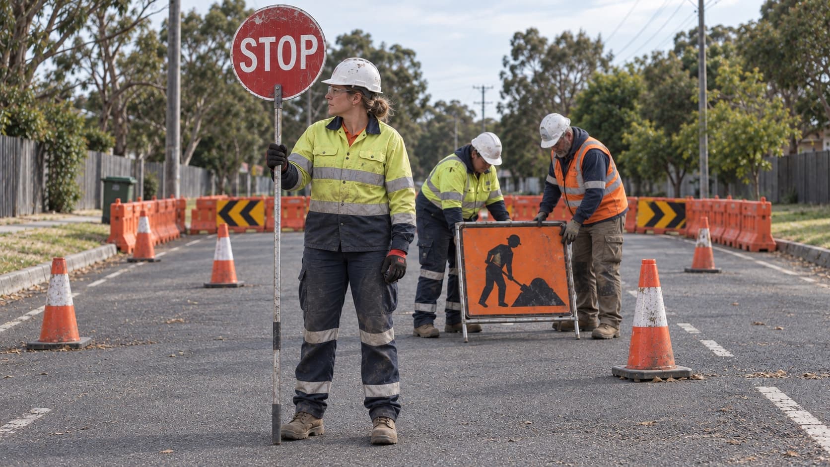 A traffic controller practises using a stop-slow bat while an instructor observes inside a closed training zone