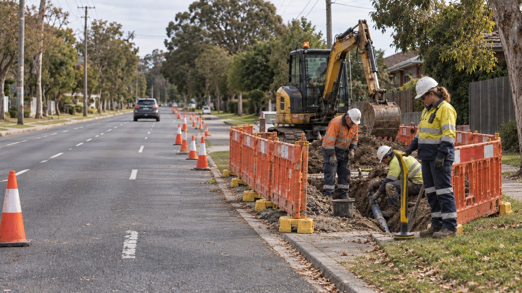 A utility worker scans the verge with a cable locator beside a barriered roadside trench where two colleagues work on an exposed service pipe, with a small excavator behind them