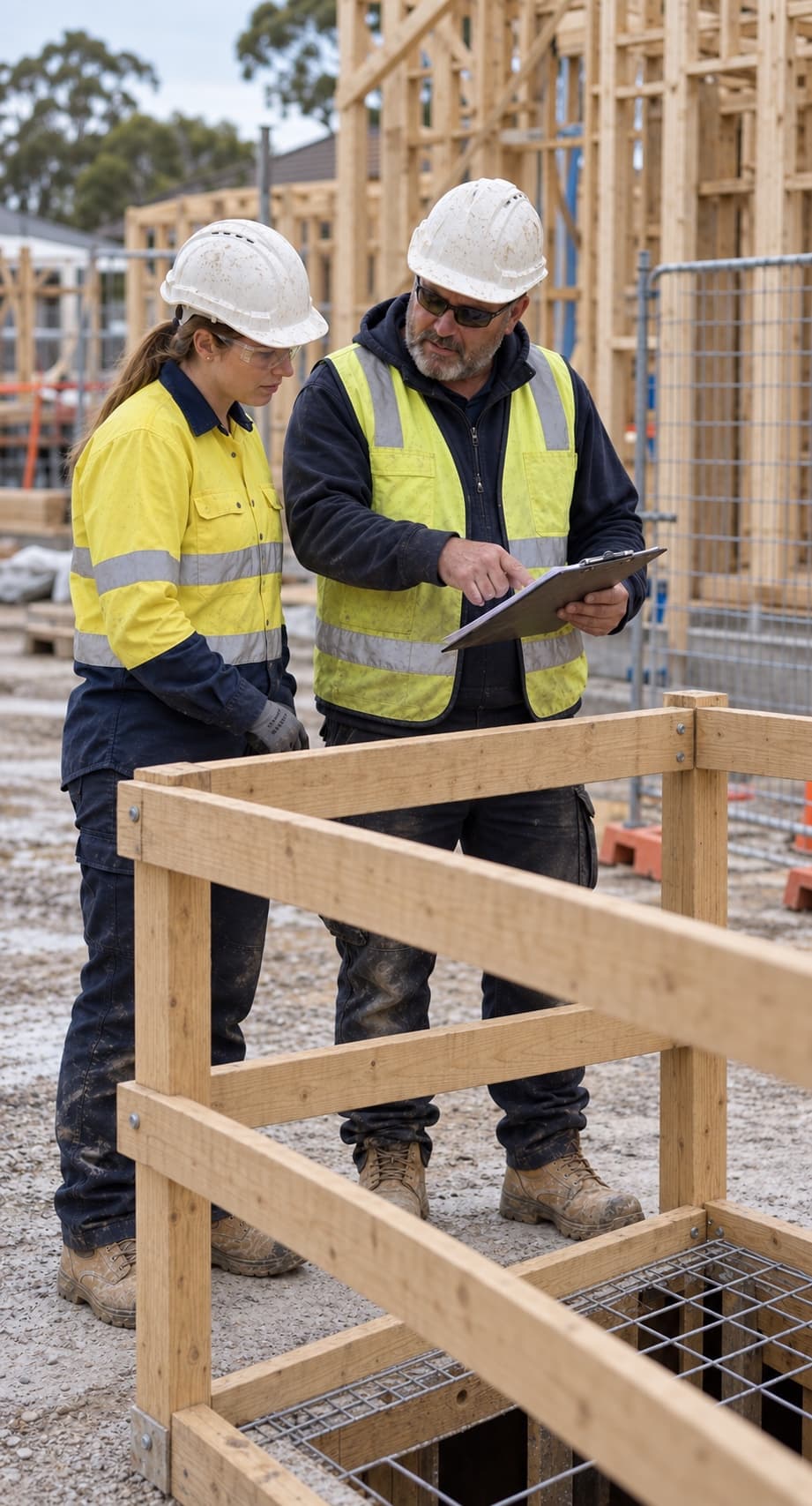 Two workers in hi-vis and hard hats checking timber edge protection on a house frame
