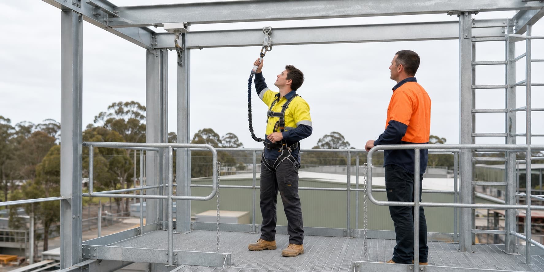A worker in a safety harness checks an overhead fall-arrest connection while an instructor observes