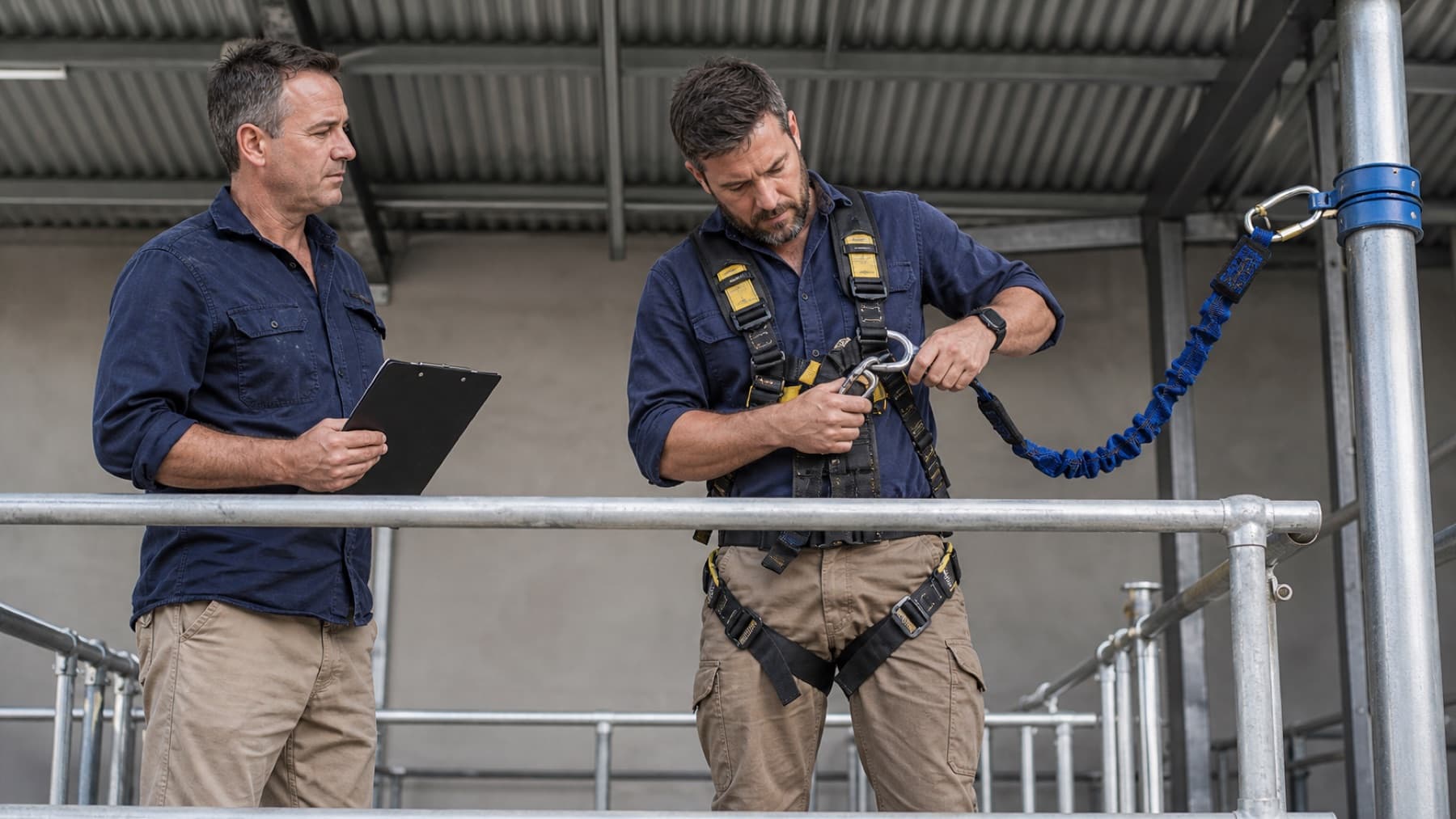 An experienced worker demonstrates a connected fall-arrest harness while an assessor observes