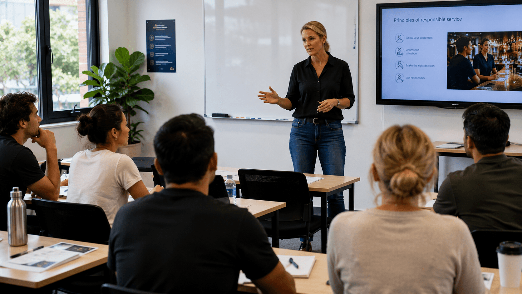 A trainer leading an RSA class in a training room while students take notes