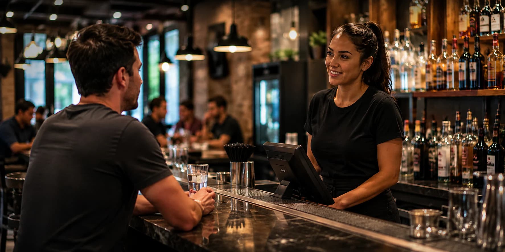 Bar staff talking with a customer across the counter of a licensed venue