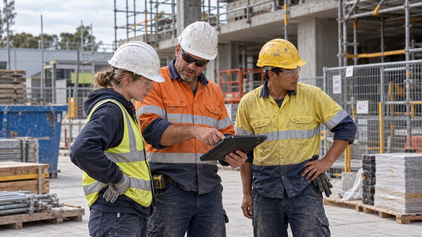 Three construction workers in hi-vis and hard hats checking a tablet on a building site