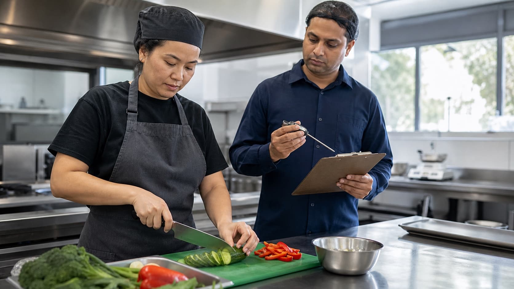 A food handler preparing ingredients while a supervisor checks a temperature record in a commercial kitchen
