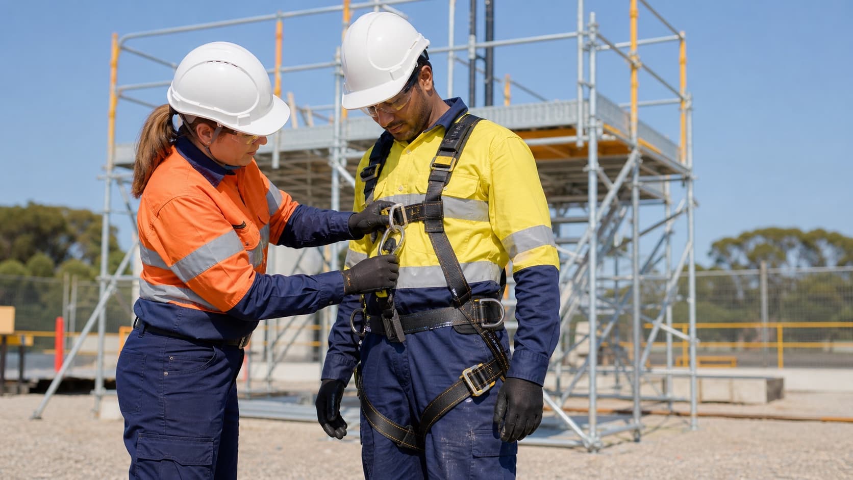 A construction trainer checks a learner's safety harness before a working-at-heights exercise