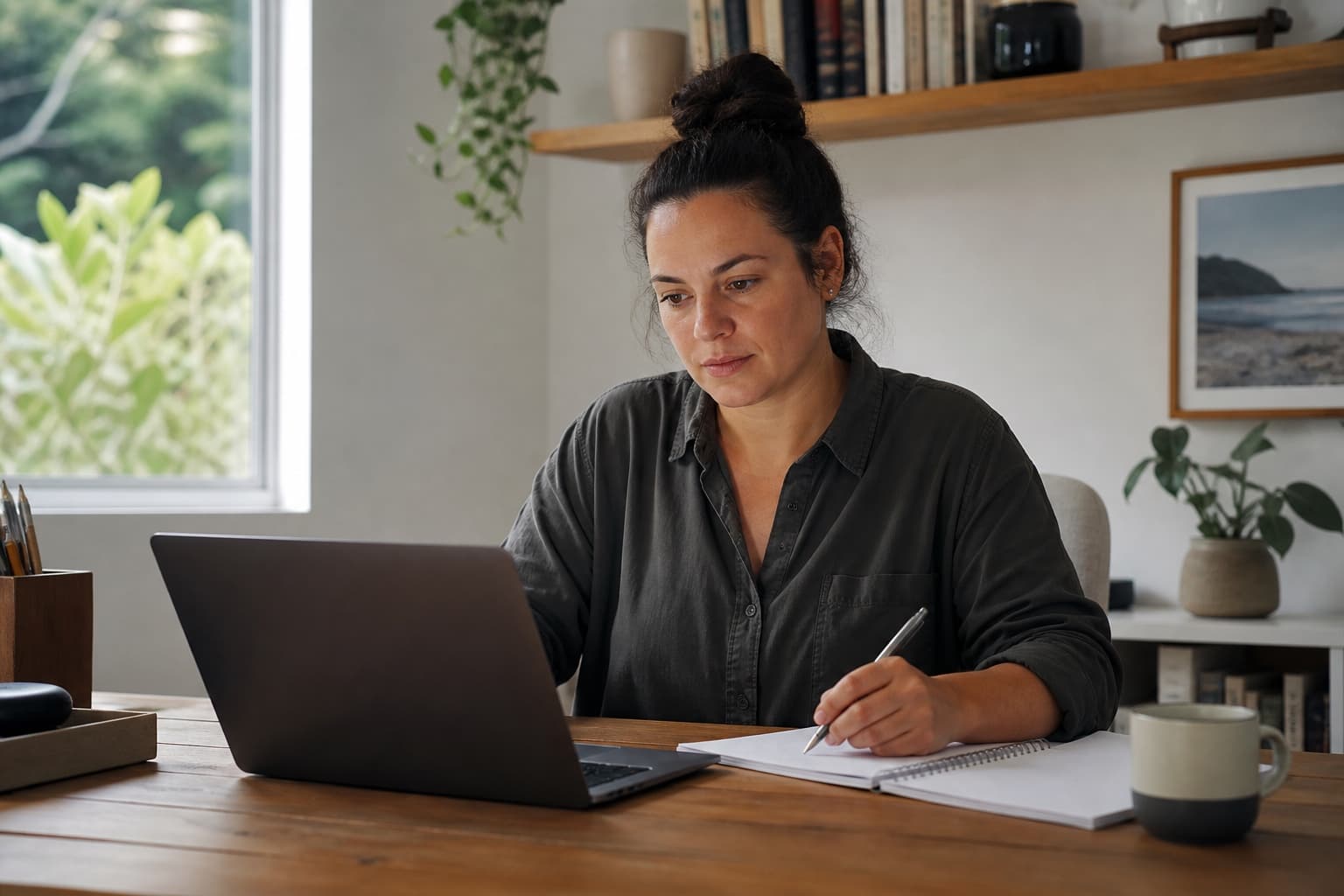 A student working through an online course on a laptop at a desk at home, making notes
