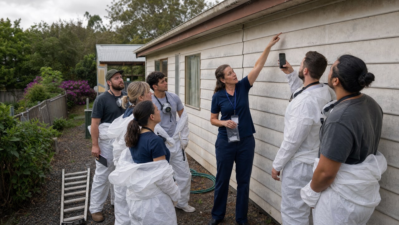 A trainer points out the fibre-cement sheeting on an old house while a work crew looks on.