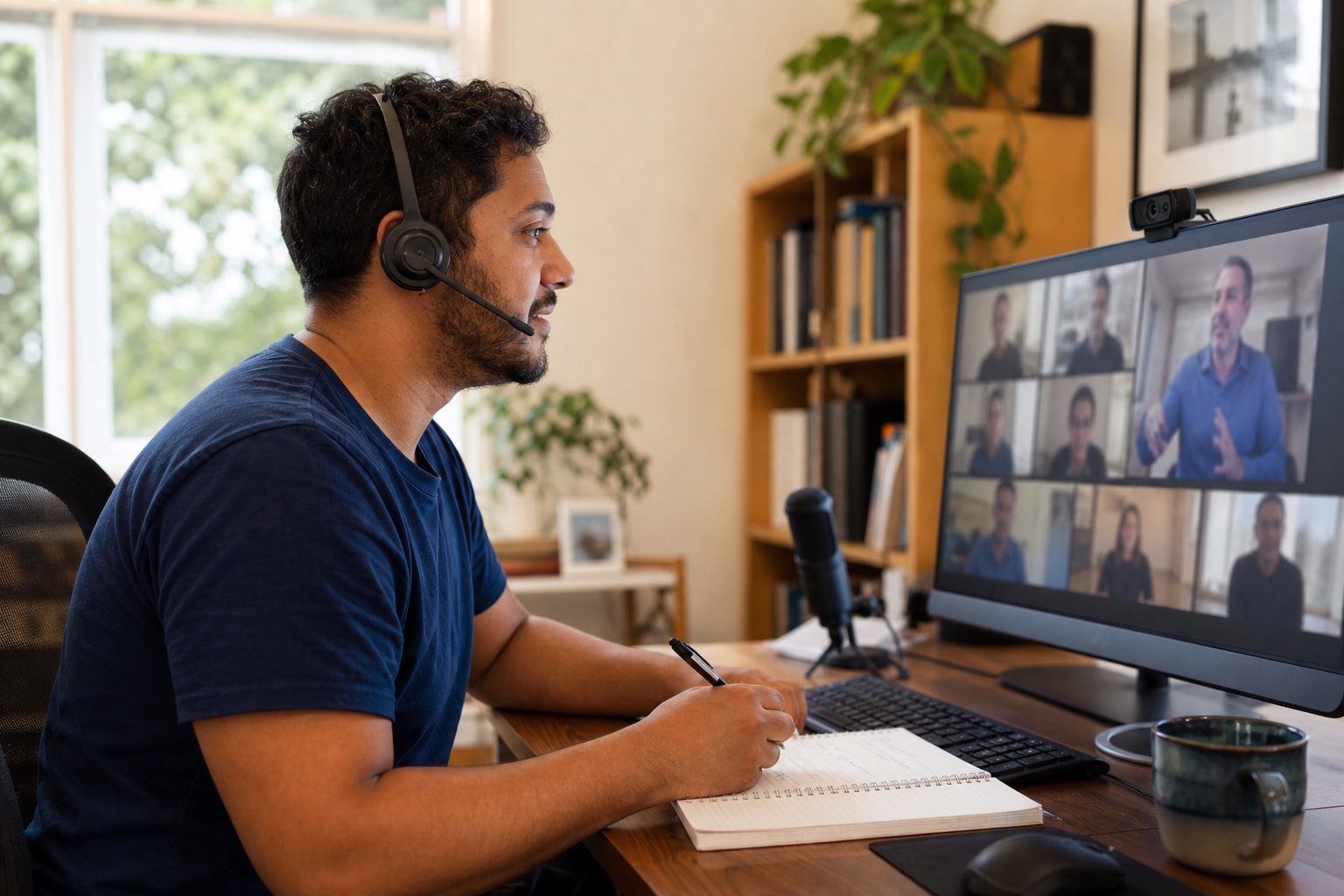 A student at a desk at home, on a live video class with a trainer.
